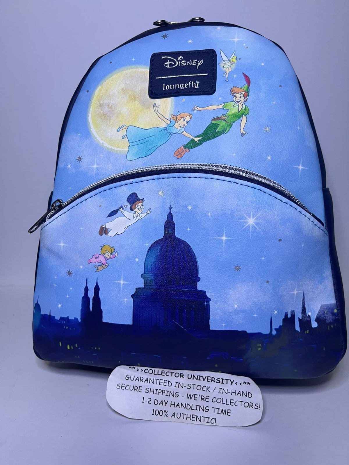 LOUNGEFLY DISNEY PETER PAN WENDY TINKERBELL FLYING OVER CITY MINI BACKPACK BAG