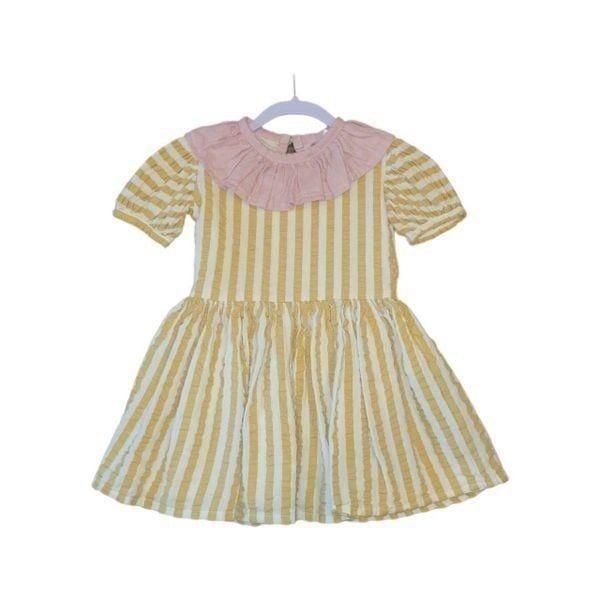 Sadie Then Ty Yellow White Stripe Pink Linen Collar Short Sleeve Dress 4/5 Years