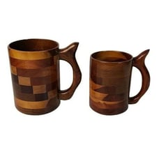 Wooden Beer Mug Stein Set Hand Carved Handle Handmade Multi Brown Tone