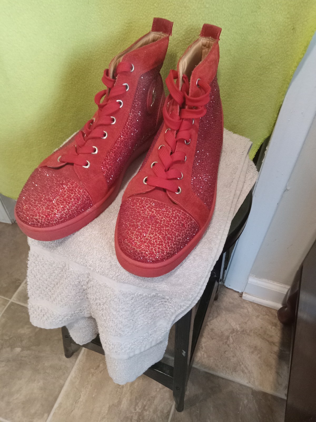 Christian Louboutin Black/Red Fun Lou Spikes High Tops