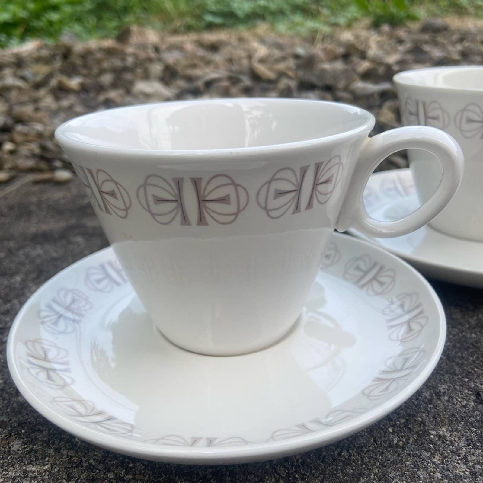 Set of 4 Cups & Saucers by Franciscan Whitestone Ware in Merry-Go-Round pattern