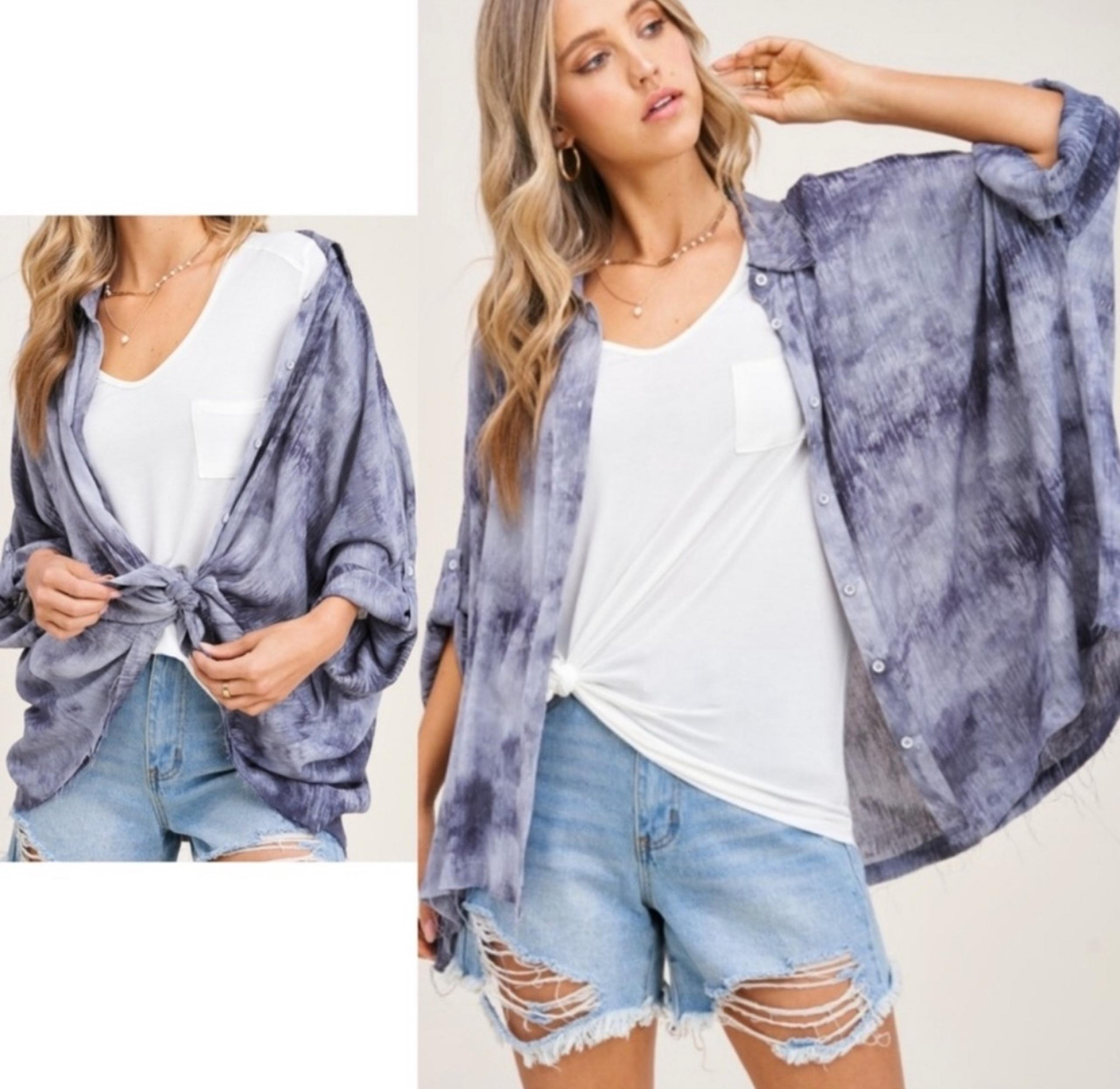 NWT Boutique Casual Tie-Dye Button Down Shirt SZM  Blue/Grey