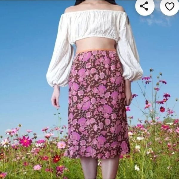 ANN TAYLOR Silk Vintage 70s Floral Boho Ruffle Hem Midi Skirt