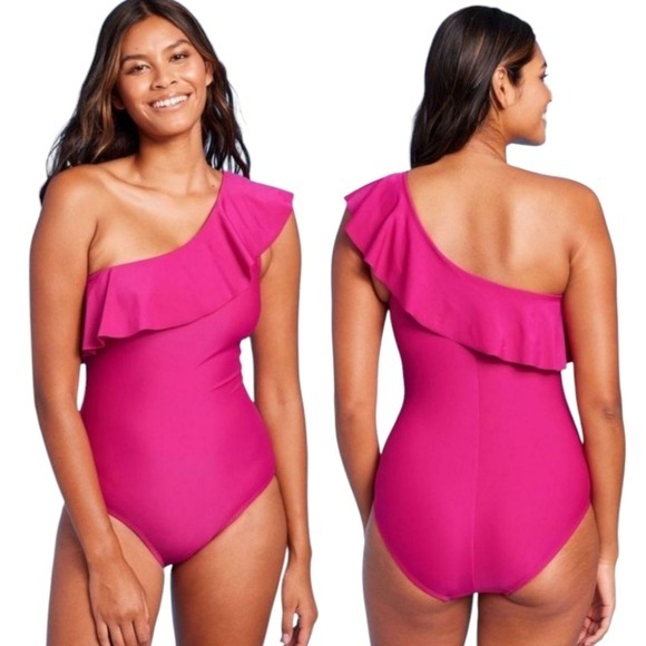 Kona Sol Pink Ruffle One Shoulder High Coverage One Piece Swimsuit NWT