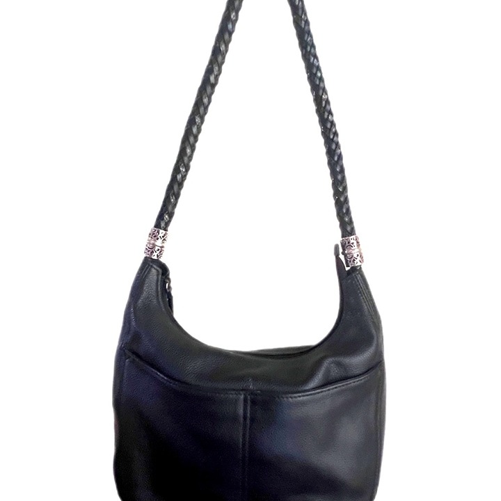 Brighton Barbados Ziptop Hobo with Braided Strap Black with blue in the strap