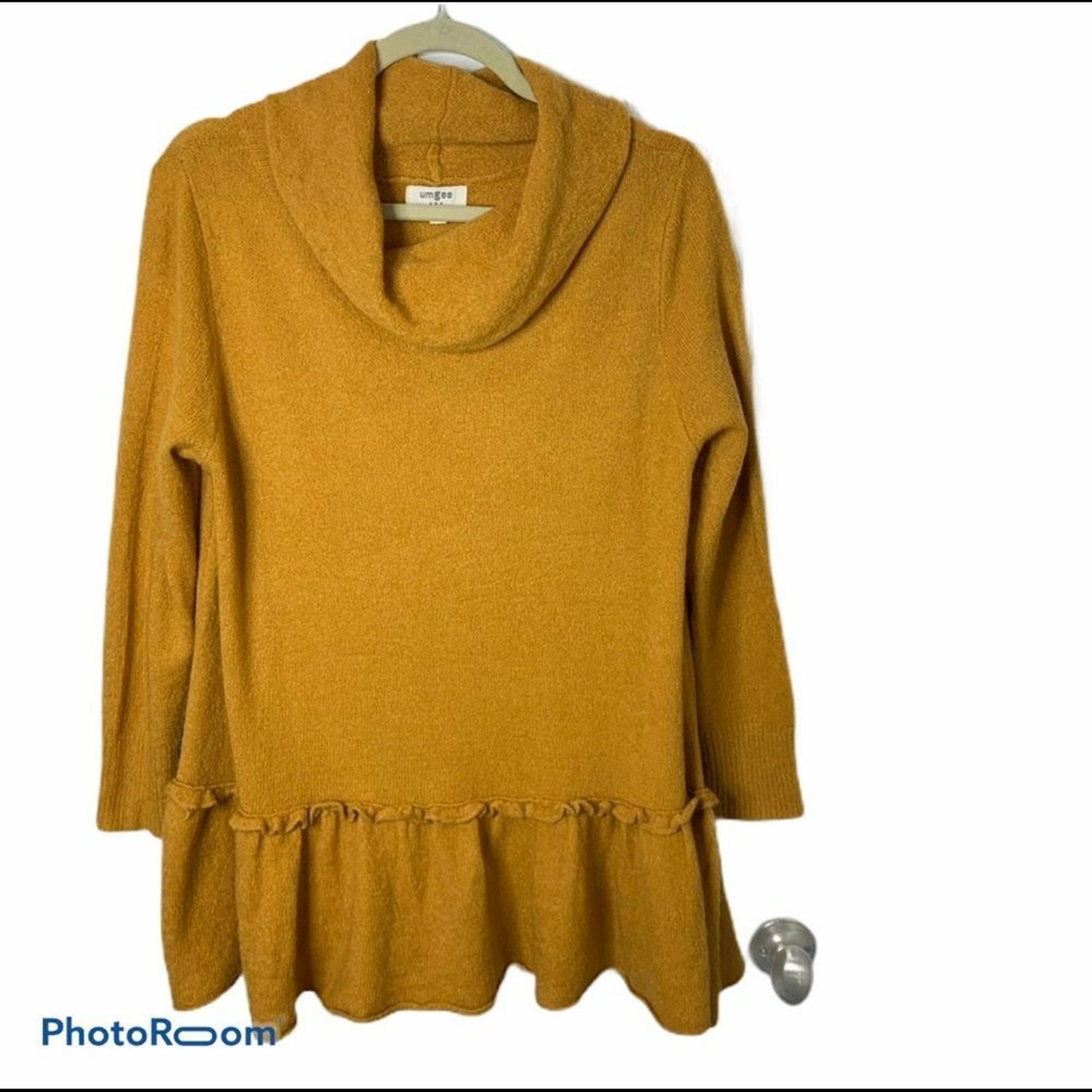Umgee Size S Sweater Cowl Neck Mustard Yellow Ruffle Hem Peplum Knit Women's