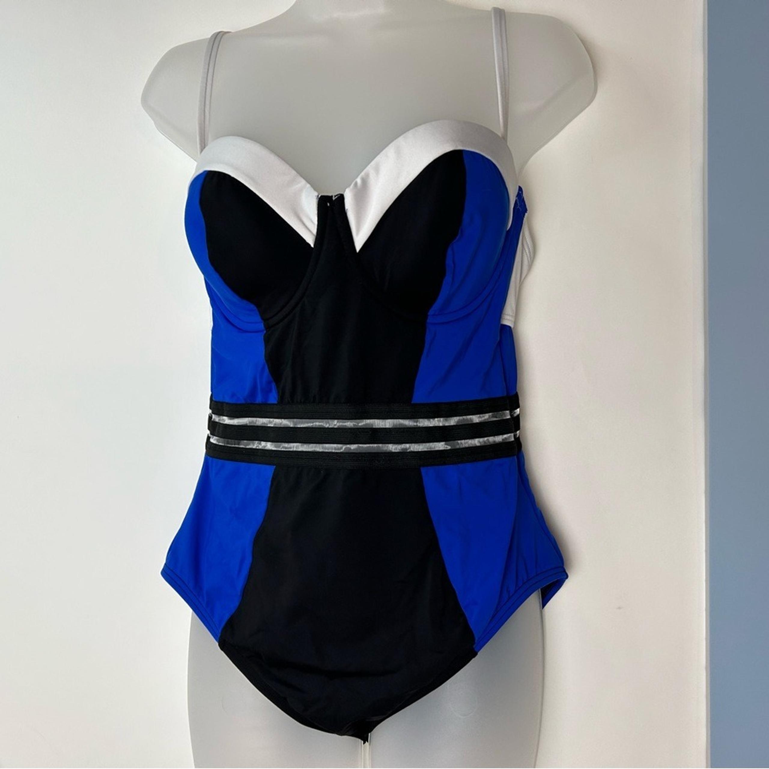 Kenneth Cole New York Blue Black White Tuxedo 1PC Swimsuit Small