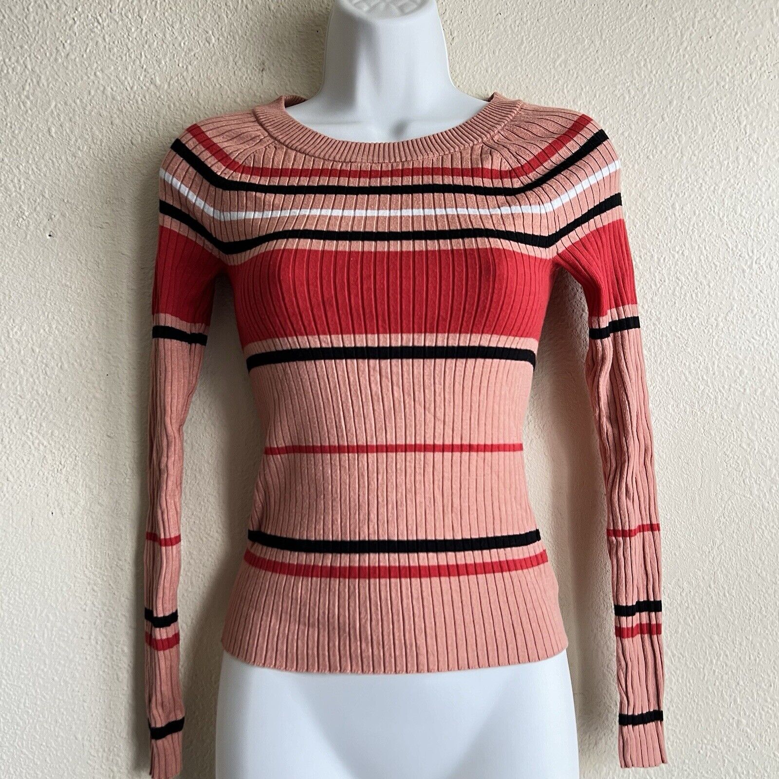 Vintage Y2K Express Striped Round Neck Ribbed Long Sleeve XS