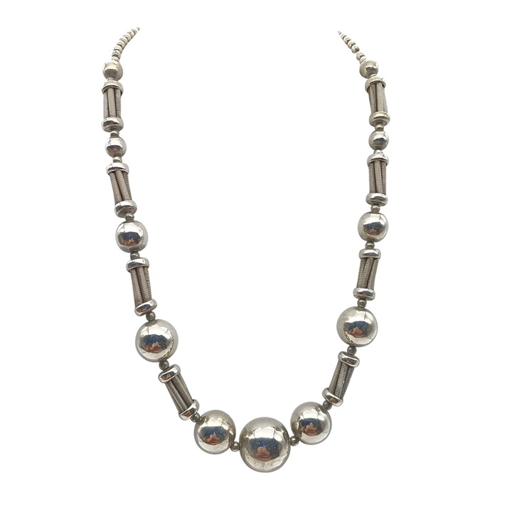 Vintage Industrialist Beaded Necklace with Silver Tone Mixed Bead Sizes & Shapes