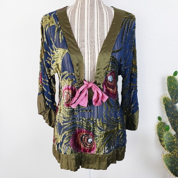 Hale Bob 338 Bohemian Beaded Sheer Velvet Burnout Peacock Blouse Top Tunic M