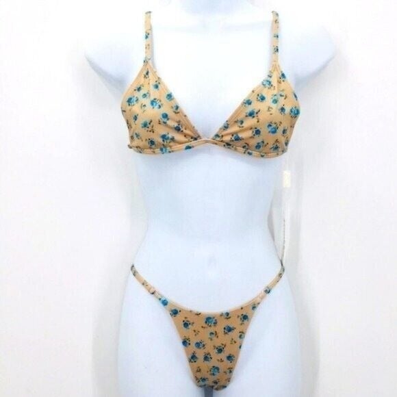 Frankie’s Bikinis set blue roses top M bottom XS BoxC