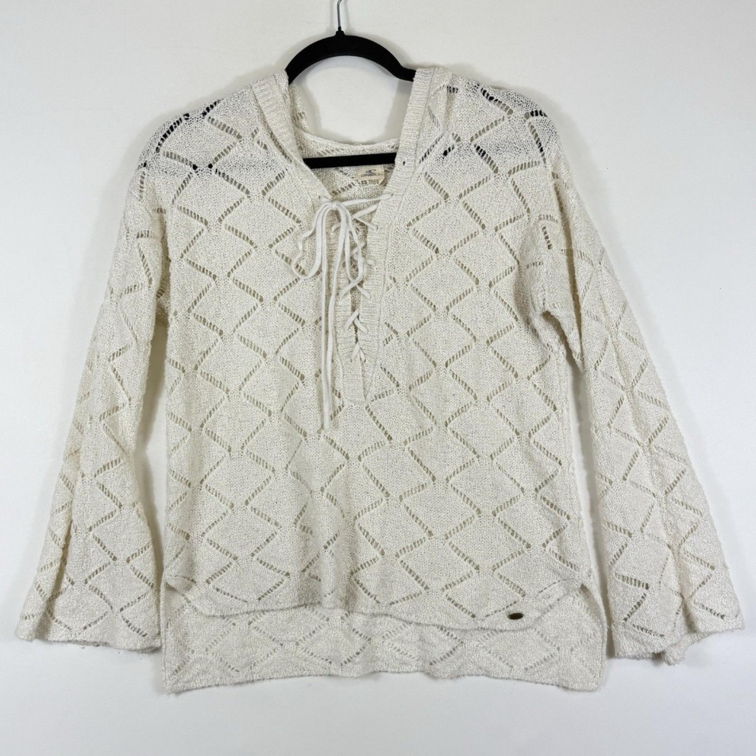 O'Neill Womens XS Cream Open Knit Sheer Flare Sleeve Surf Beach Hooded Sweater