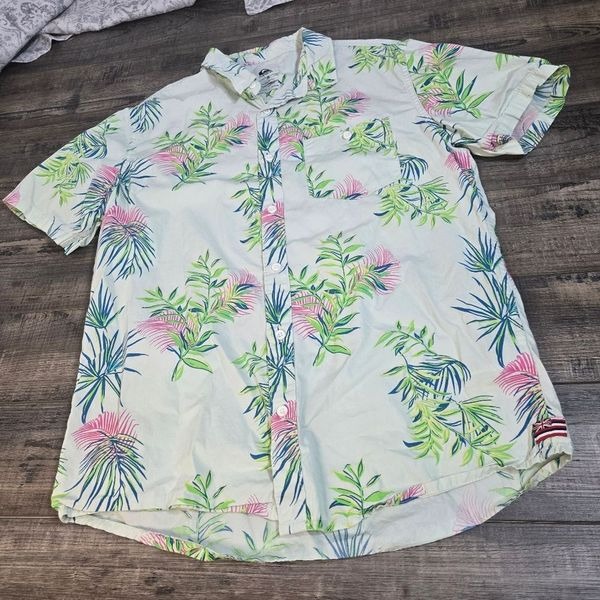 Quicksilver Regular Fit Hawaiian shirt Size Medium Cotton White Green Blue
