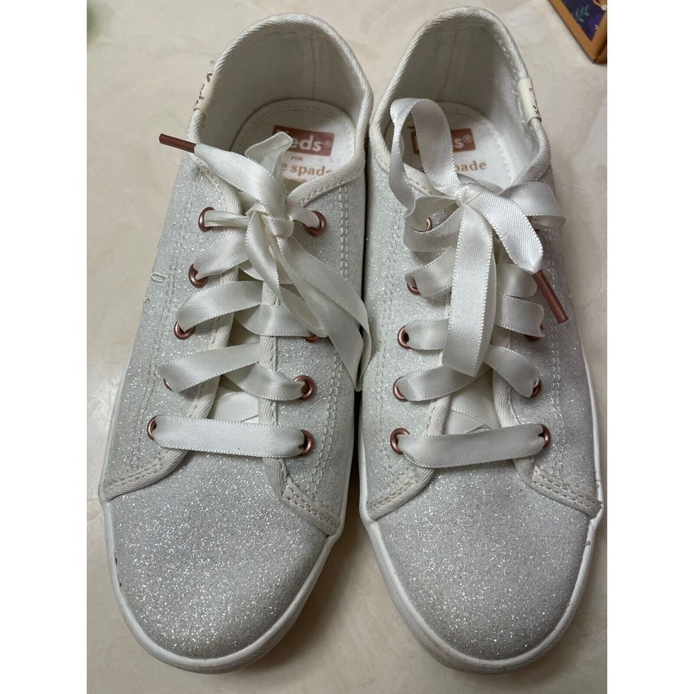 Keds Kate Spade Sneakers White Glitter Low Top Girls Size 2M Casual Glam Lace Up