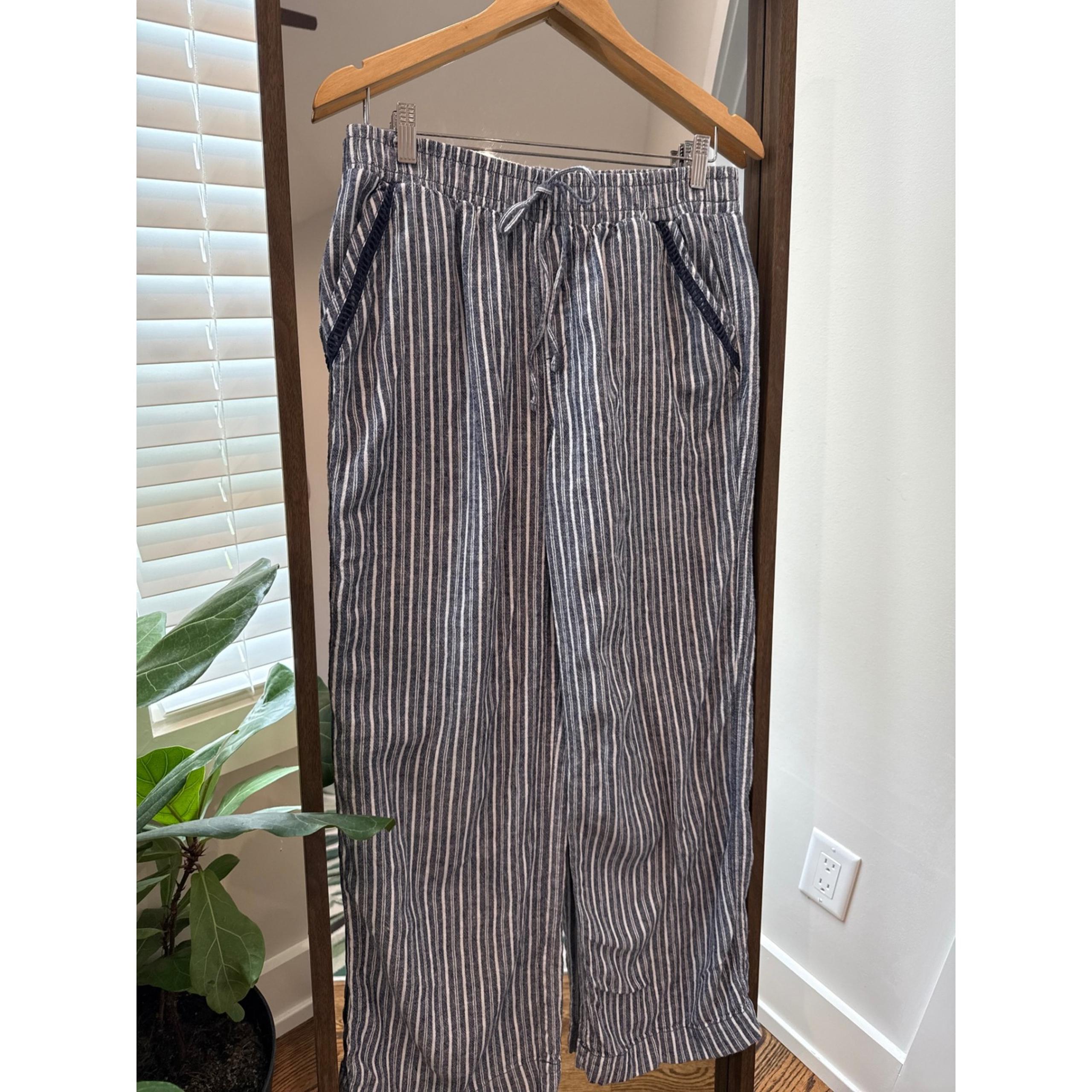 Briggs Linen Blend Pants Striped Cropped Lightweight Sz L Blue White High Waist