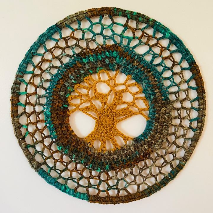 Crochet Tree of Life Mandala Wall Hanging 14 Handmade Teal Green and Brown