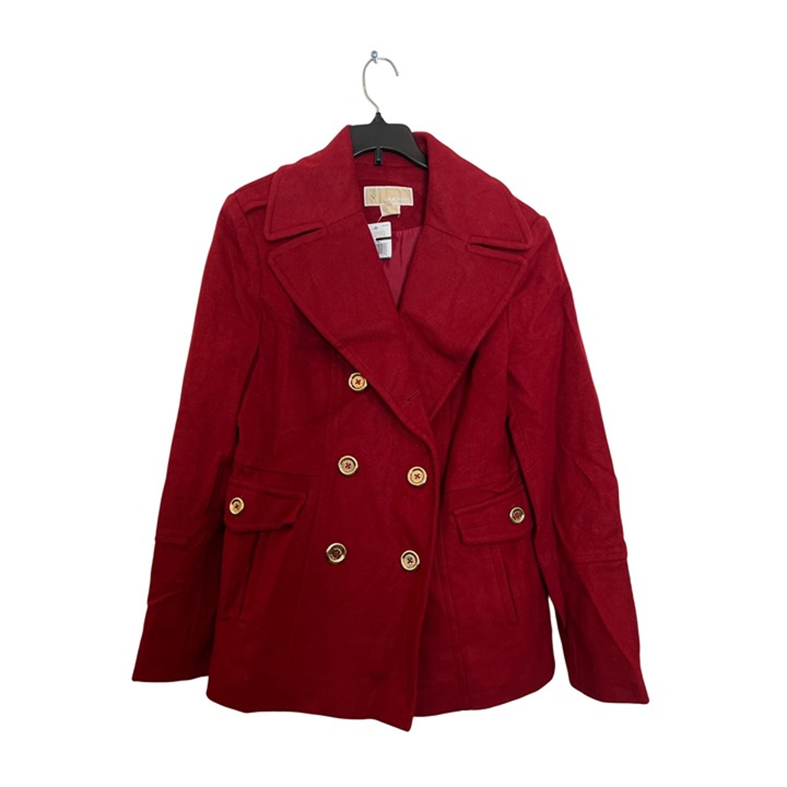Michael Kors Womens Red Double-Breasted Wool Blend Peacoat W/ Gold Buttons Size