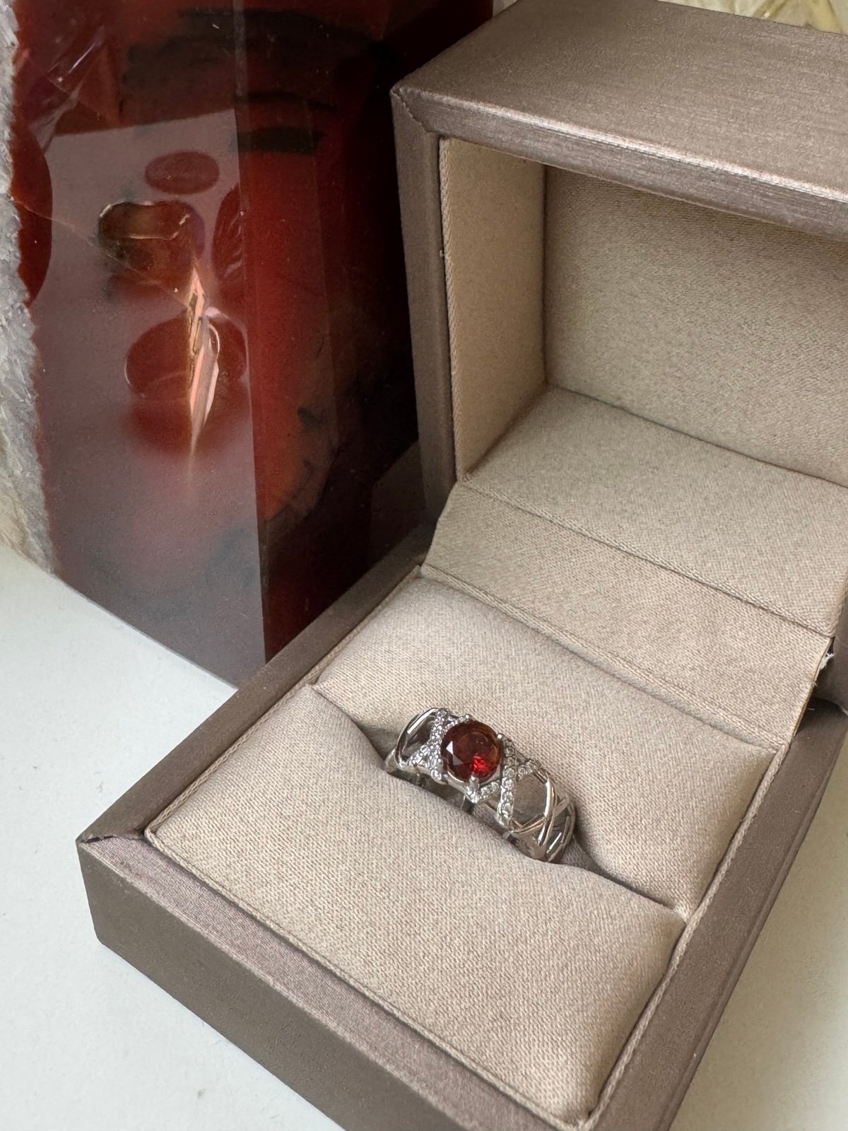 Orange Garnet Art Deco Open Ring, S925 Silver