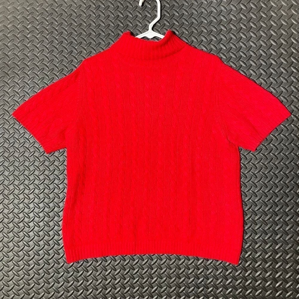 Lands' End Cashmere Cable Knit Red Pullover Turtleneck Sweater Short Sleeve M