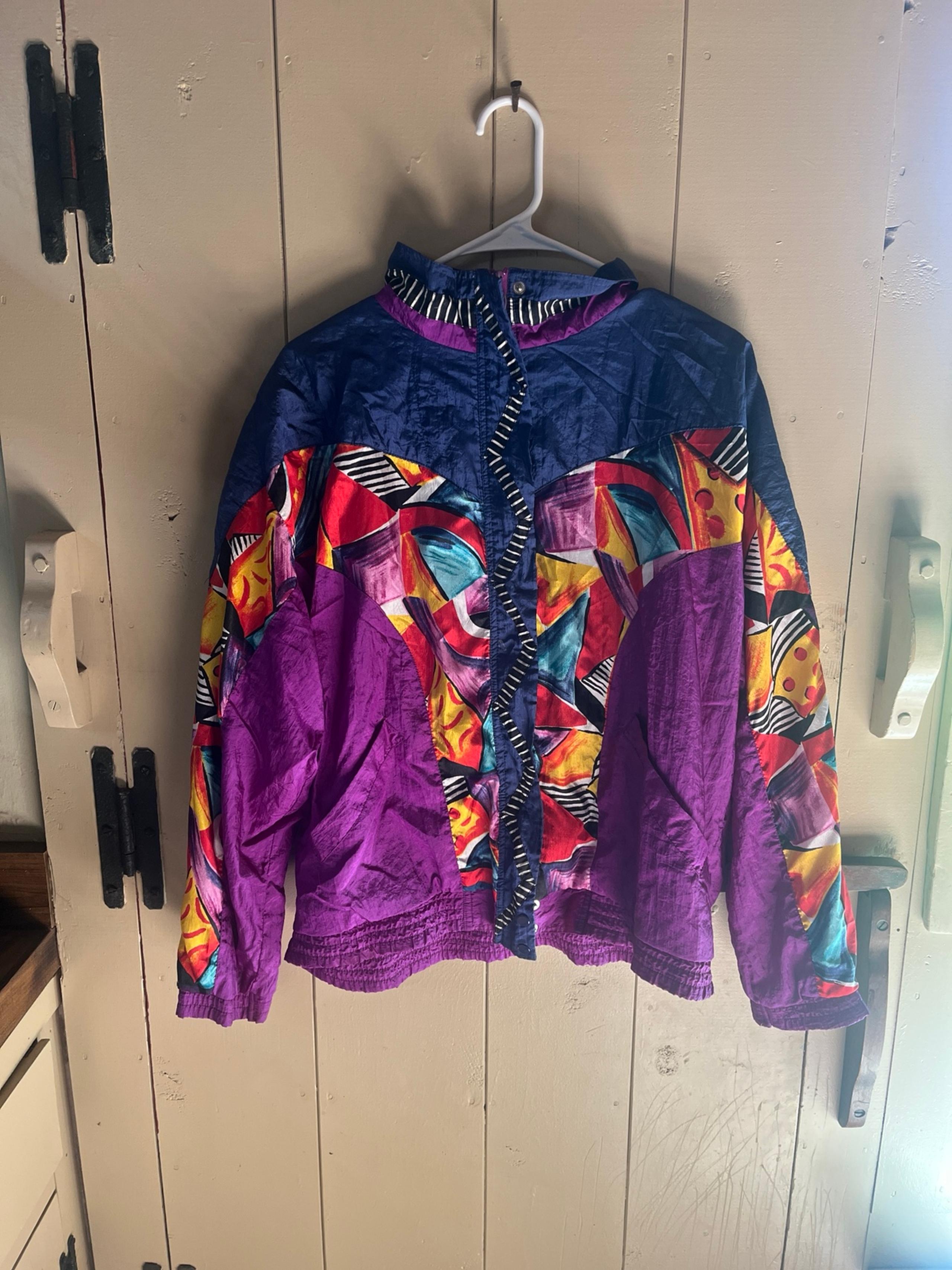 80s Vintage Eunice M Windbreaker Jacket Women's  Multi Color w/Shoulder Pads