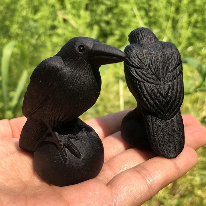 Hand Carved Black Obsidian Crow Crystal Carving Healing Home Garden Decoration