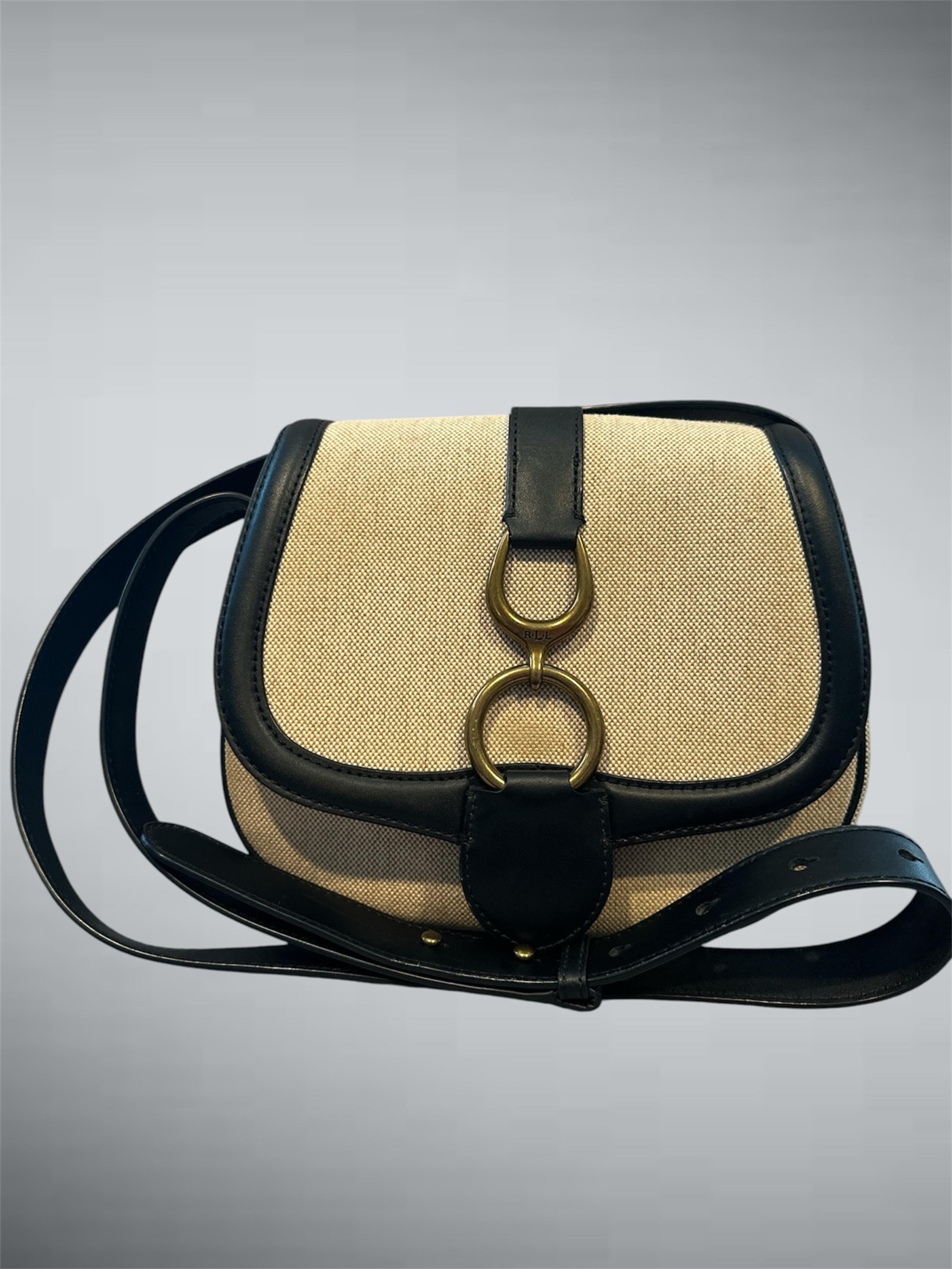 Lauren Ralph Lauren Barrington Saddle Crossbody Bag Natural Tweed Black Leather