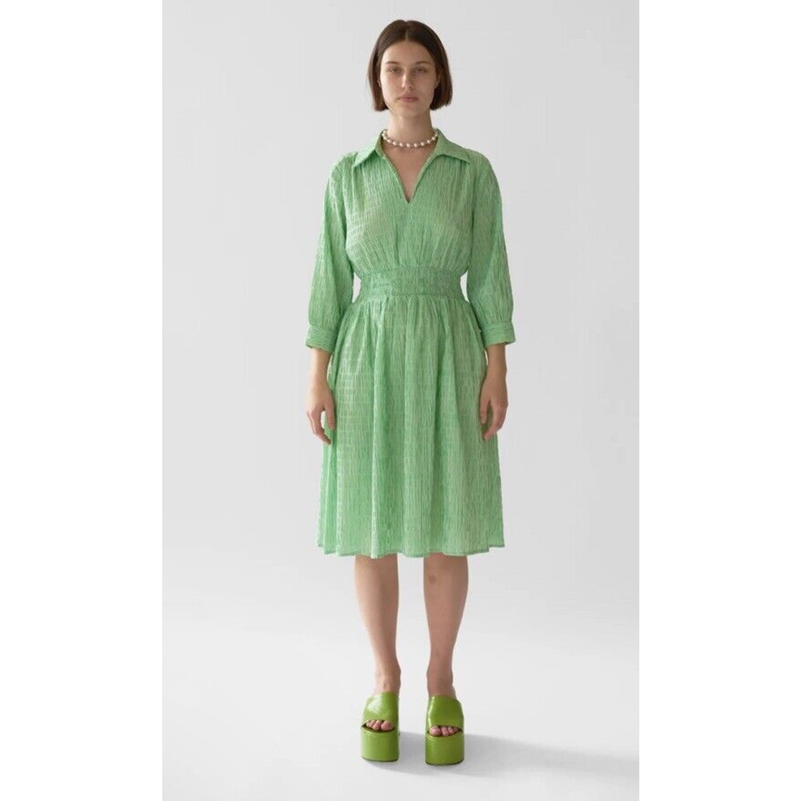 Wray NYC Women M Dress Lindsey Midi V- Neck Lawn Stripe Green New