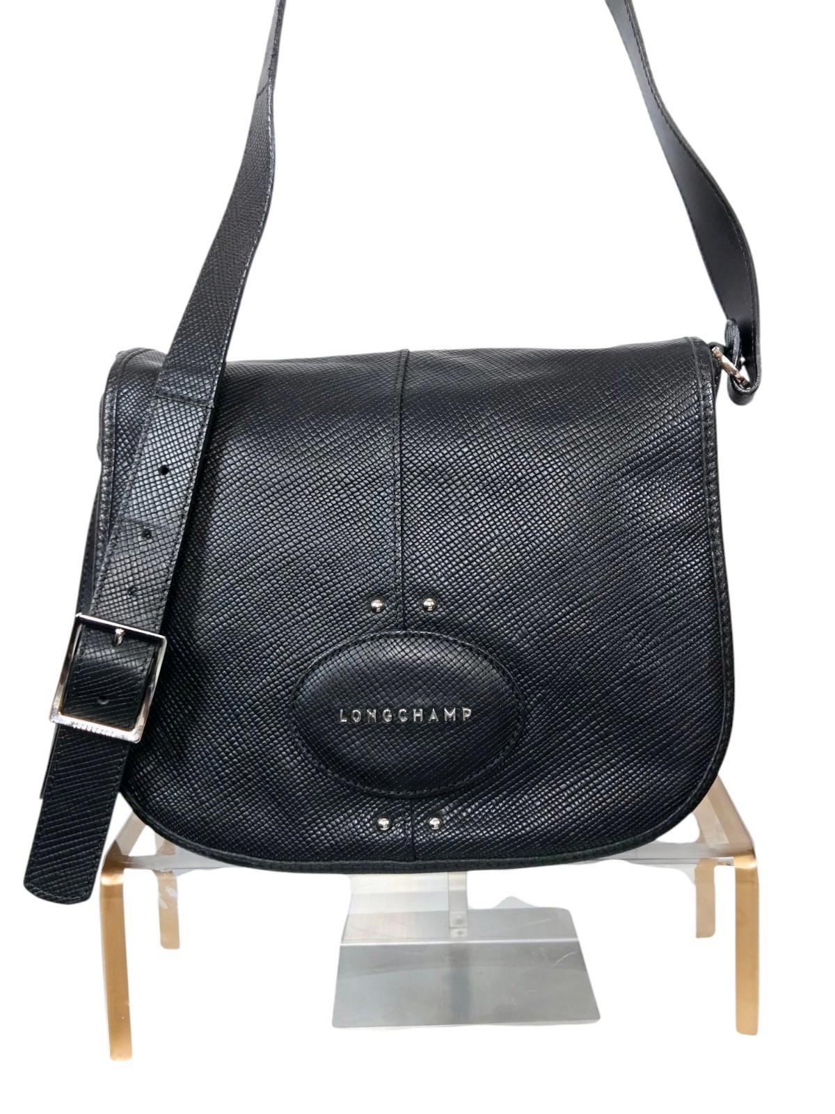 Longchamp Roseau Black Leather Saddle Bag Crossgrain 11x9x5 EUC + Dust Bag
