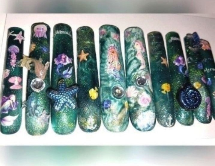 Hand crafted custom mermaid design10pc xxl long acrylic press on nails sz medium