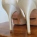 Badgley Mischka Cream Satin Heels Shoes Pumps Diamond Gem Accent | Size 9 / 40
