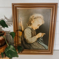 Vintage Large Framed Wall Hanging | Little Girl Knitting