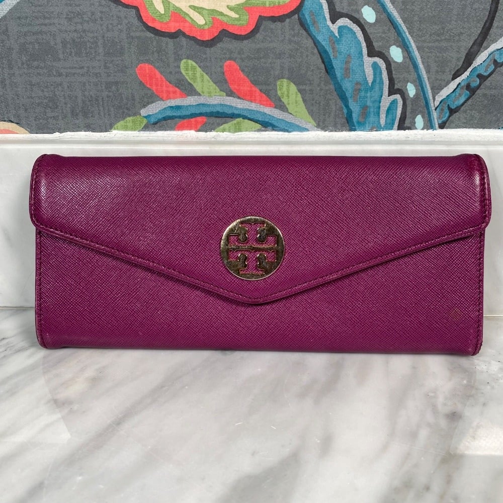 Tory Burch Continental Wallet Leather Zip Around Clutch Plum Purple 7.5x4
