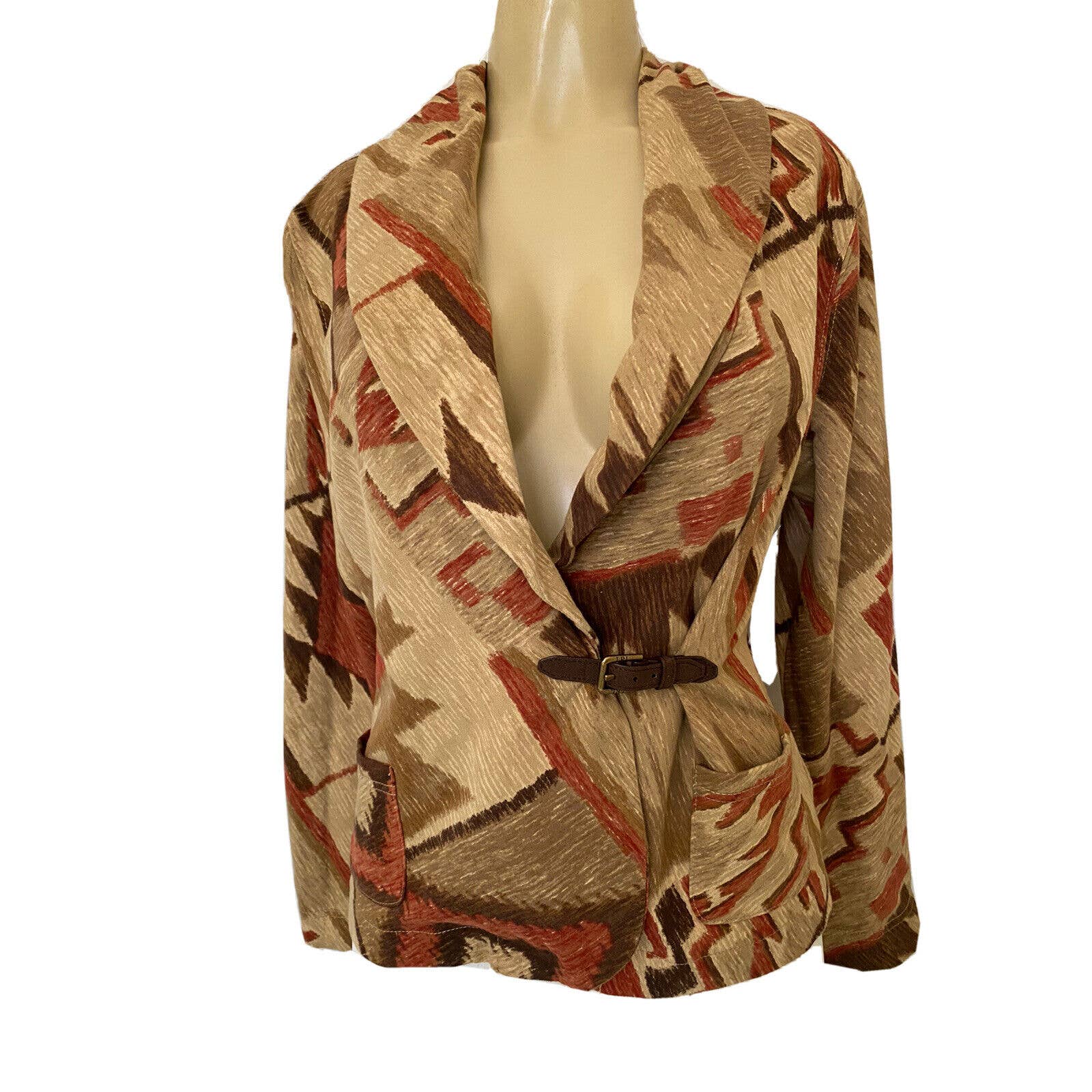 Ralph Lauren Jeans Geometric Lightweight Jacket Blazer Knit Cotton Brown Beige M