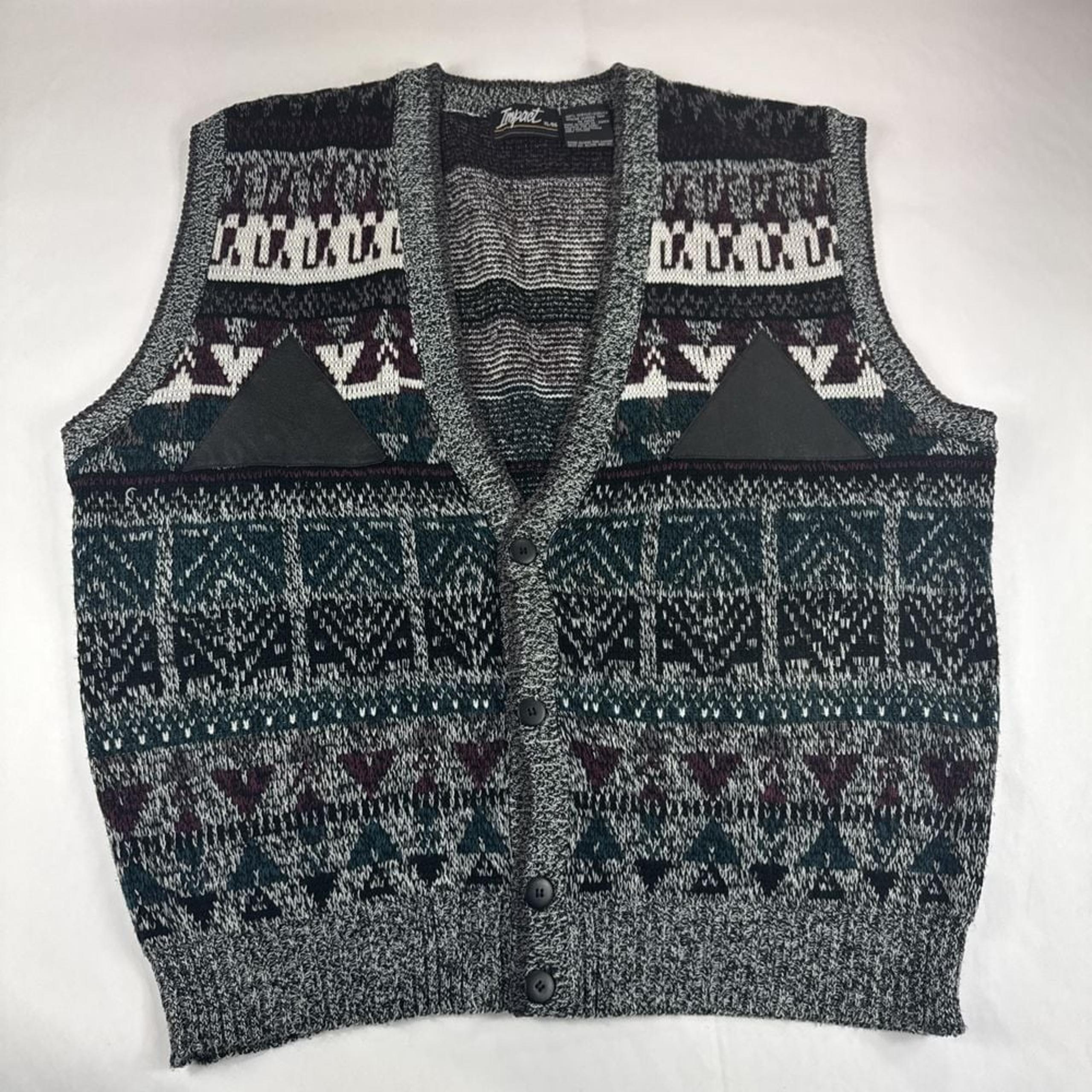 Vtg Impact Cardigan Vest Mens XL Leather Patch Nordic Fair Isle Sweater Y2K 80s