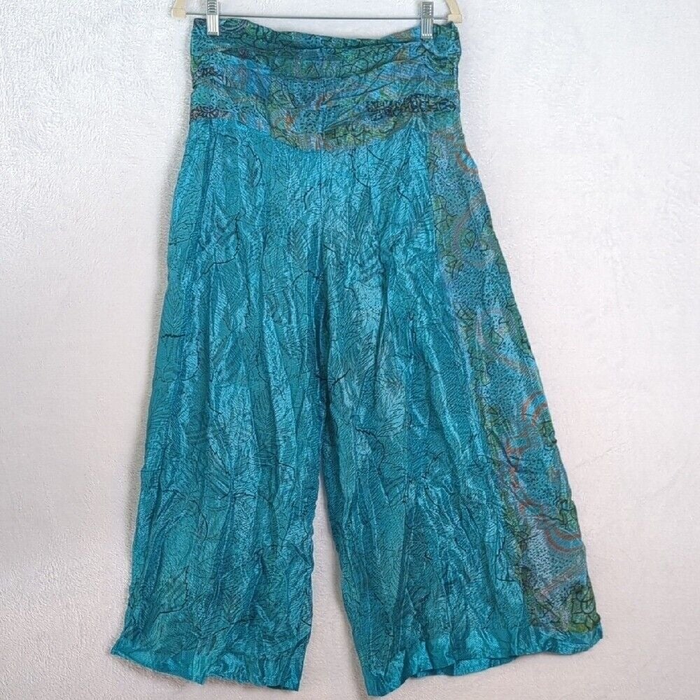 Junglee Billee Women's Blue Silk Wide Leg Boho Pants Free Size