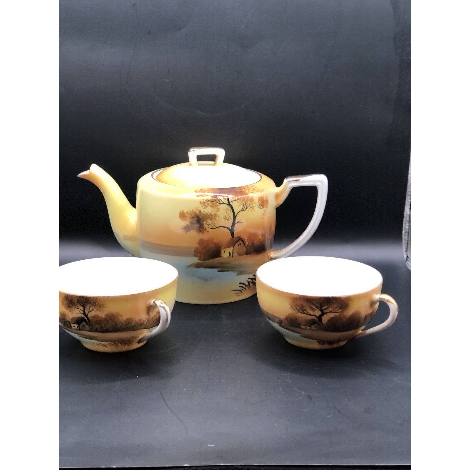 Noritake Tree In the Meadow Teapot with lid And 2 Tea Cups Vintage