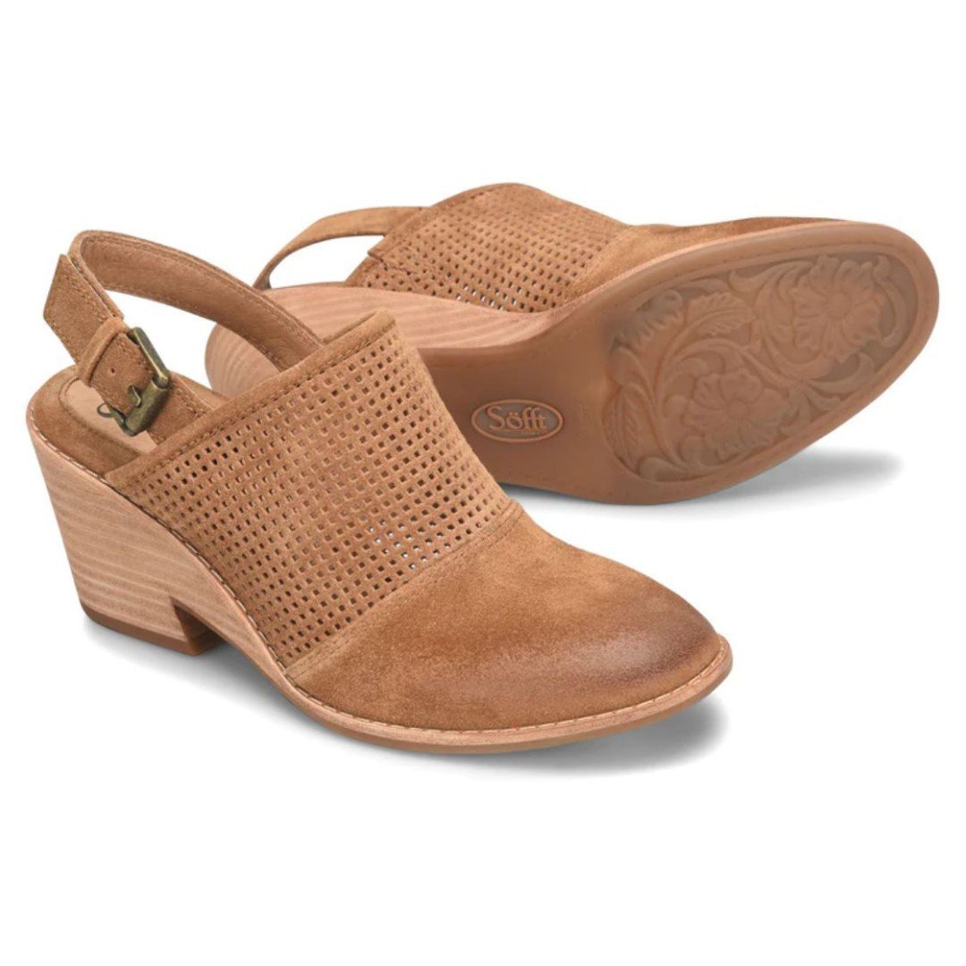 Sofft Sabie Womens 7.5 38.5 Suede Wedge Slingbacks Shoes Saddle Brown NEW