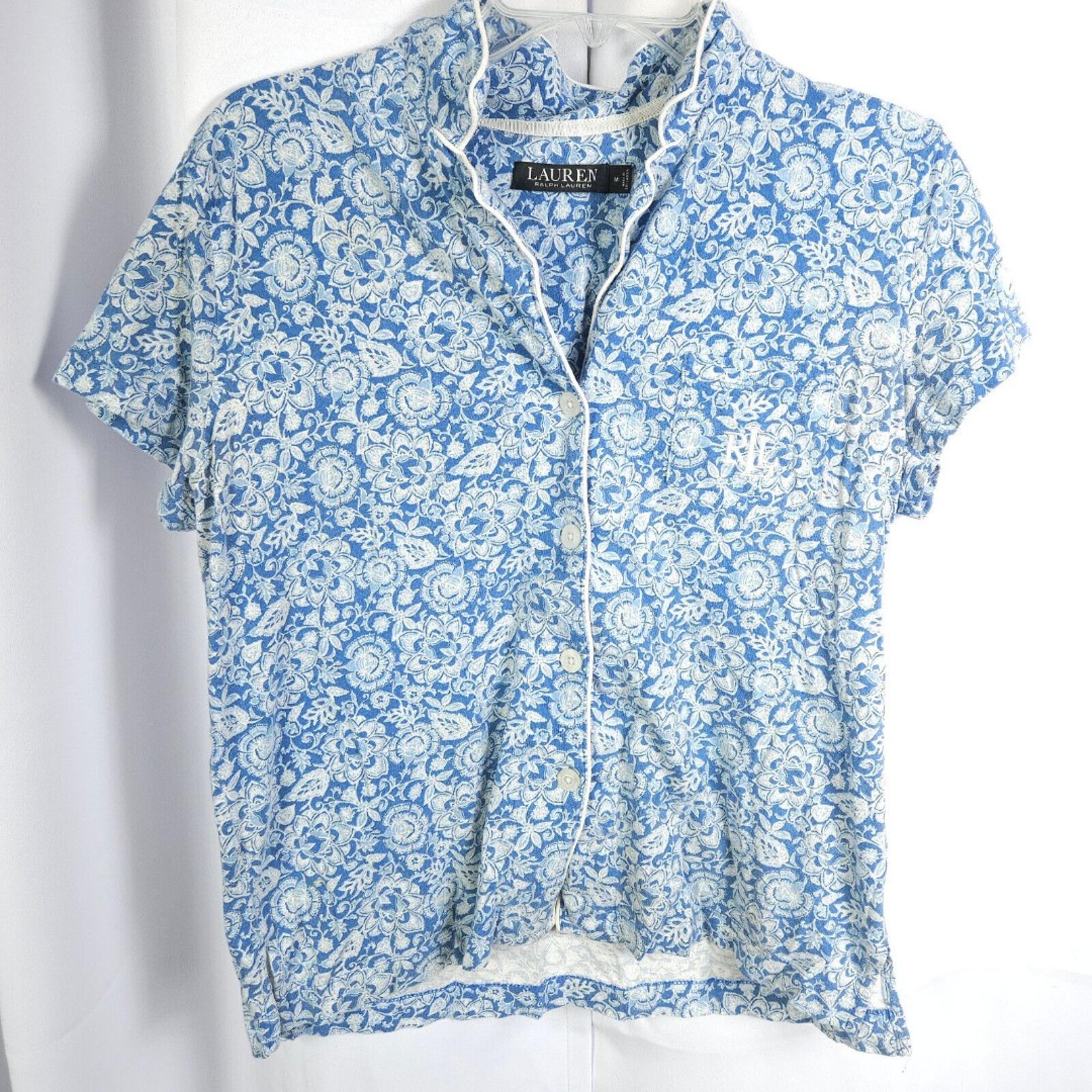 Lauren Ralph Lauren Womens Medium Blue Floral Button Down Pajama Top