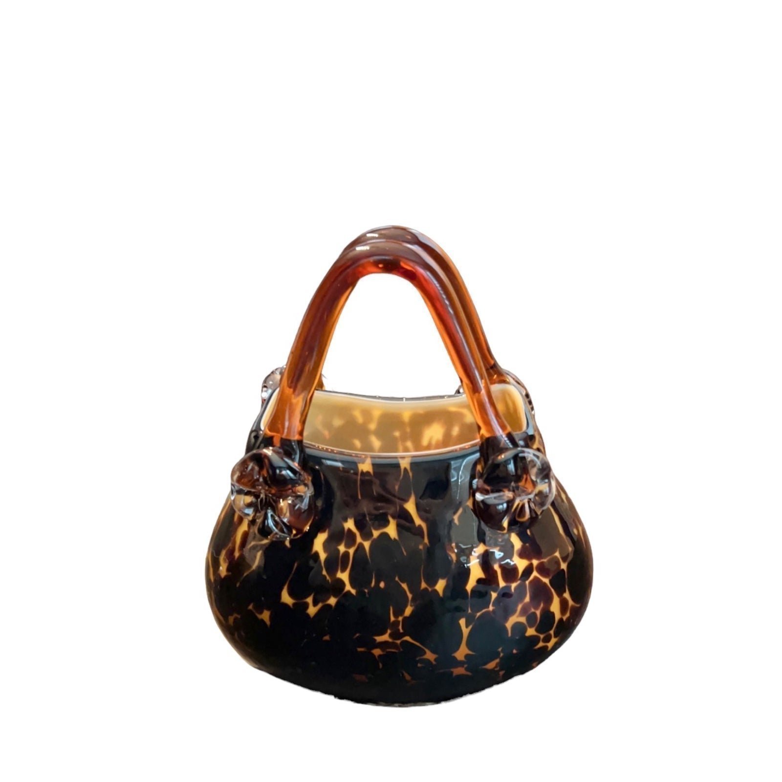 Halle Art Glass Hand Blown Leopard Print Handled Handbag Purse Vase Figurine