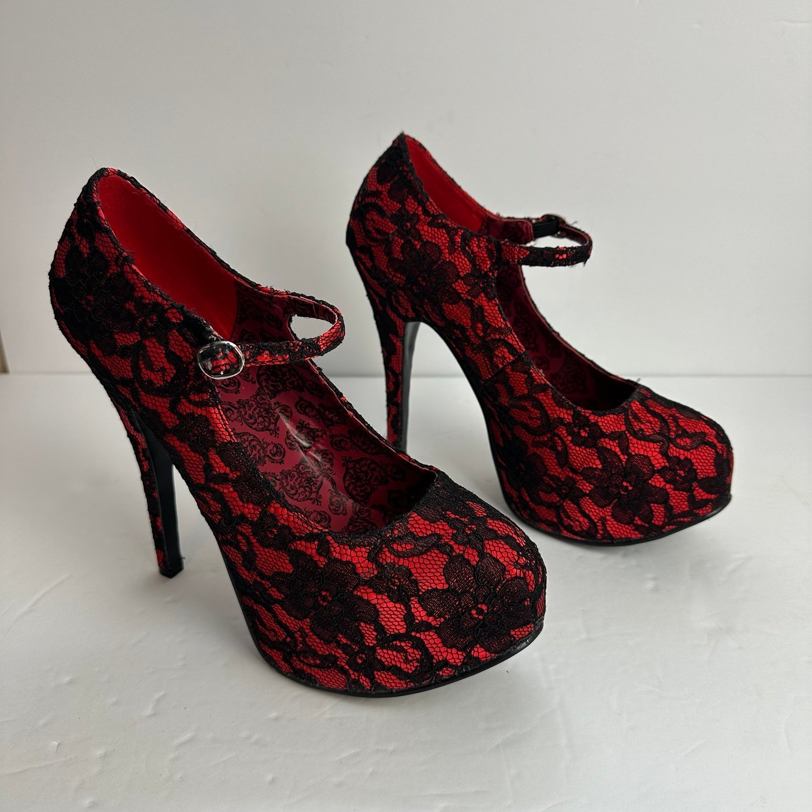 Bordello Teeze 07L Lace Stiletto Heels Women's size 10 Platform Pleasers Black