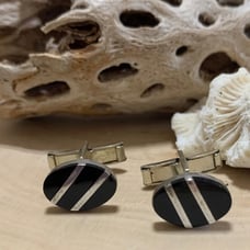 Vintage 925 Sterling Silver Inlay Black Onyx OvalCuff Links Signed