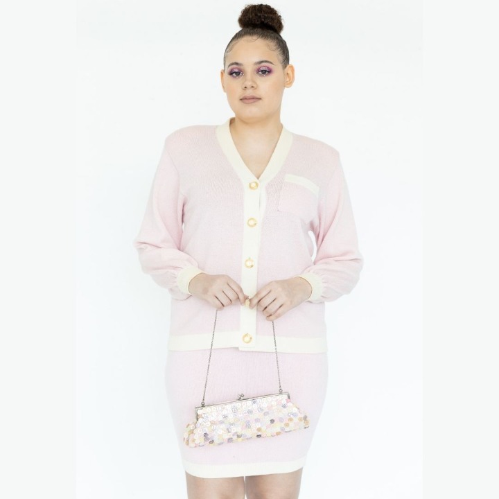ST. JOHN Vintage Pink Knitted Blazer Skirt Set Suit
