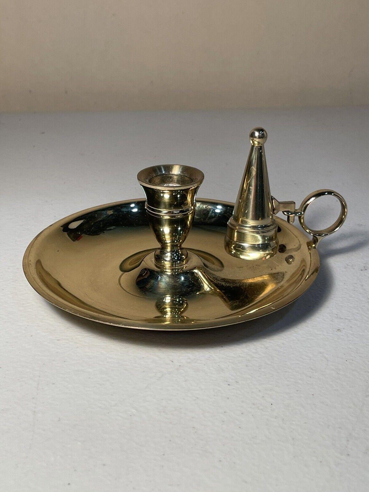 Vintage Solid Brass Round Chamber Style Finger-Loop Candlestick Holder W/Snuffer
