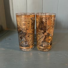 6 VINTAGE 1960 MCM CERA 22K GOLD OLD WORLD MAP HIGHBALL COCKTAIL GLASSES BARWARE