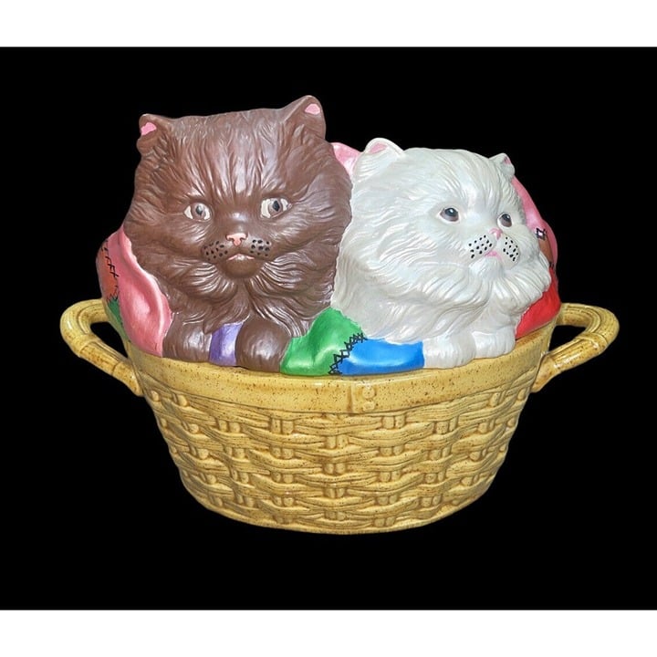 Vintage Big Cookie Soup Jar Lidded Bowl Cats in the Basket Signed 1979 !!!