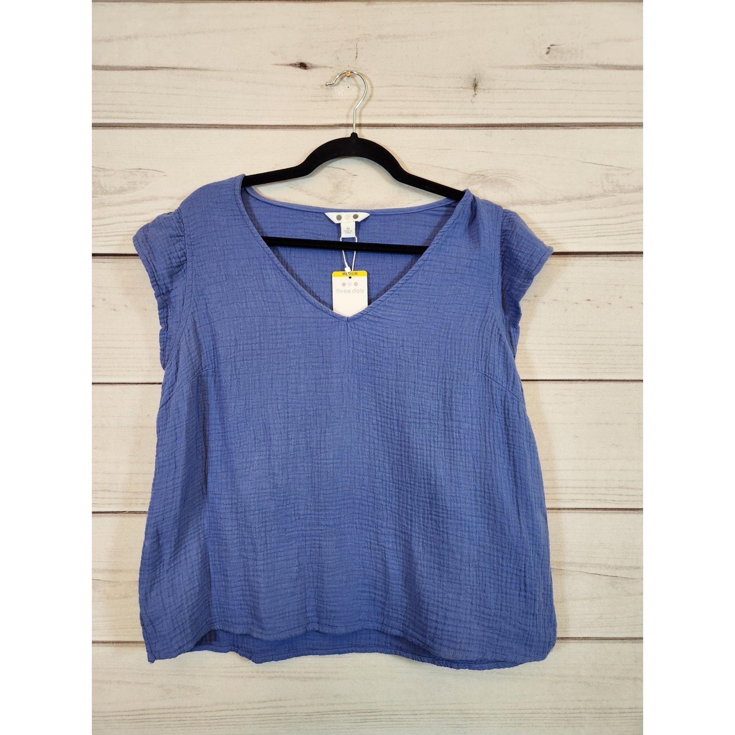 Three Dots Women's Blue Solid Cotton Stretch Cap Sleeve V-Neck Blouse Medium NWT