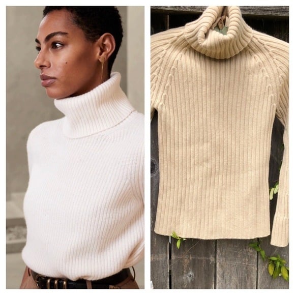 Banana Republic 100% Cashmere Ribbed Chunky Knit Turtleneck Beige Sweater XS