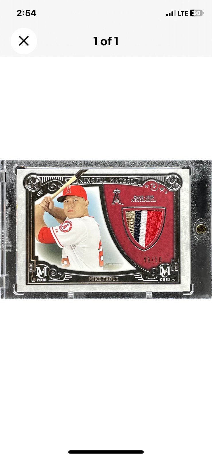 MIKE TROUT 2016 Topps Museum Meaningful Material Prime Game Used Worn Patch /50