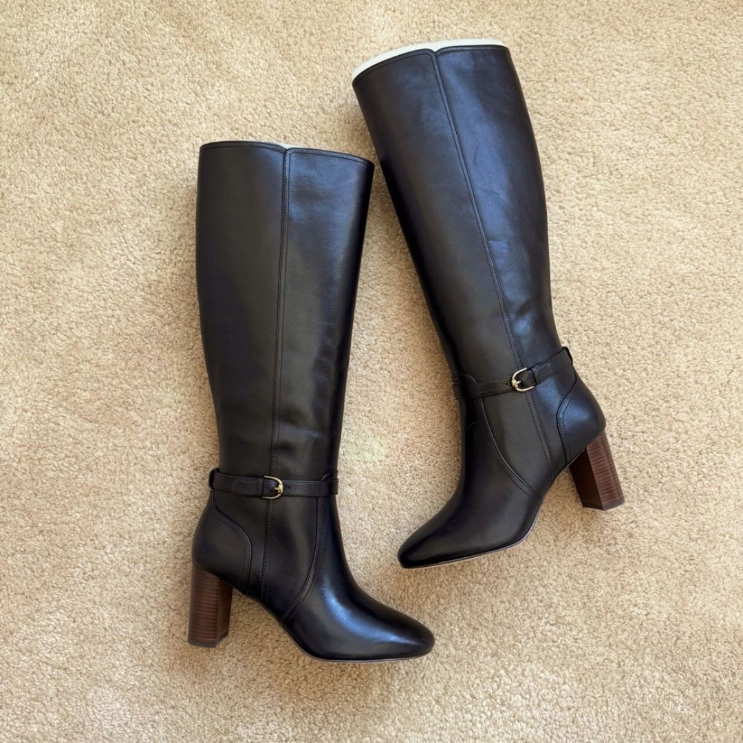 Cole Haan Glendale Tall Buckle Black Heeled Boots Genuine Leather 7.5B