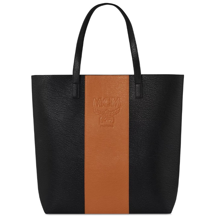 MCM Parfums Tote Bag faux leather black brown embossed logo stripe perfume